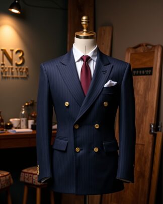 Navy Blue Double-Breasted Pin Stripe Suit